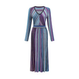 Myla Midi Dress Blue Metallic Pleated VNeck Ribbed Knit