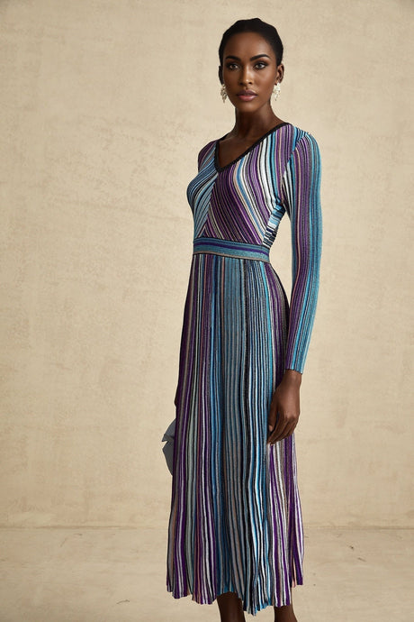 Myla Midi Dress Blue Metallic Pleated VNeck Ribbed Knit