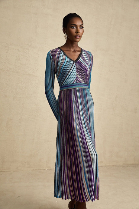 Myla Midi Dress Blue Metallic Pleated VNeck Ribbed Knit
