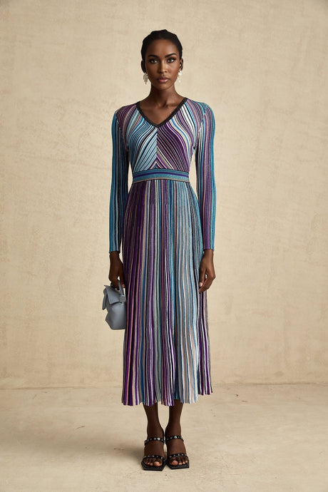 Myla Midi Dress Blue Metallic Pleated VNeck Ribbed Knit