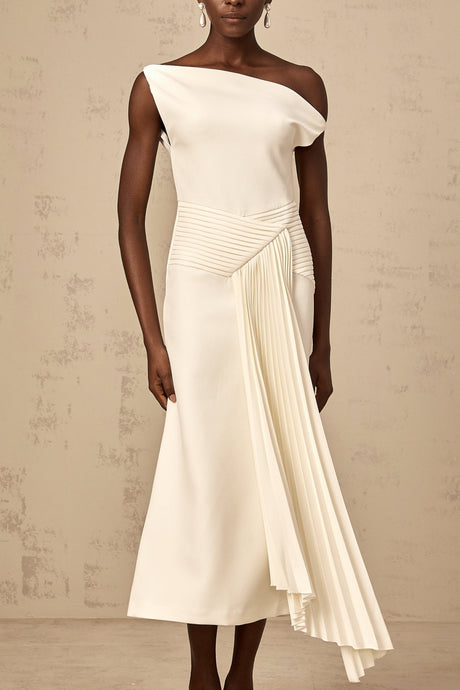 Myla Midi Dress White Asymmetric Draped Pleated Calf Length