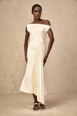 Myla Midi Dress White Asymmetric Draped Pleated Calf Length