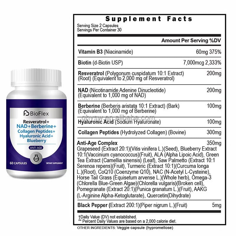 NAD Resveratrol Capsules – Anti - Aging with Collagen & Hyaluronic Acid (60 Capsules)
