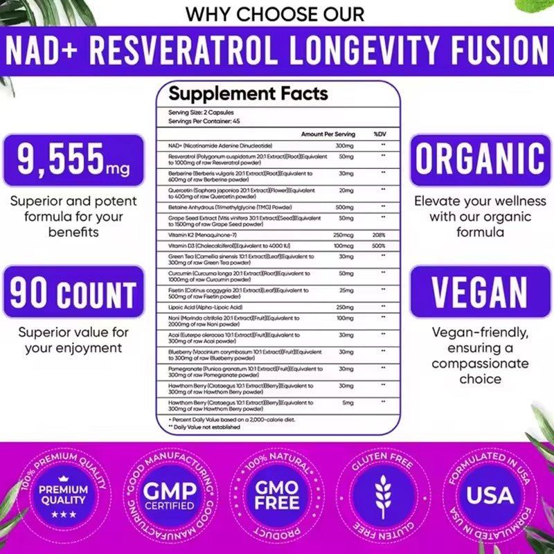 NAD+ Resveratrol Capsules – Vegan Anti - Aging Booster (90 Capsules)