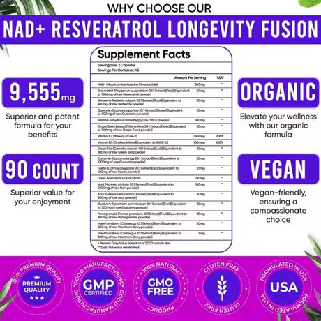NAD+ Resveratrol Capsules – Vegan Anti - Aging Booster (90 Capsules)