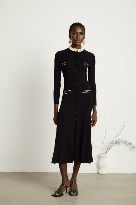 Nadège black ruffledneck knitted midi dress