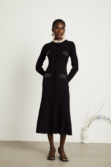 Nadège black ruffledneck knitted midi dress