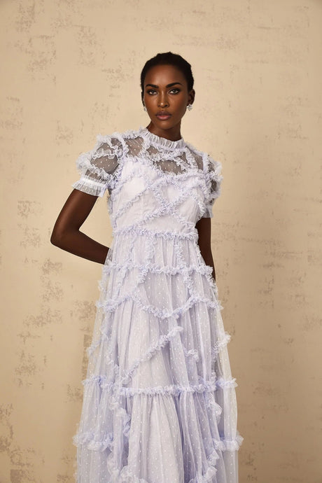 Nadia Maxi Dress Blue Polka Dot Tiered Ruffle Tulle Sheer