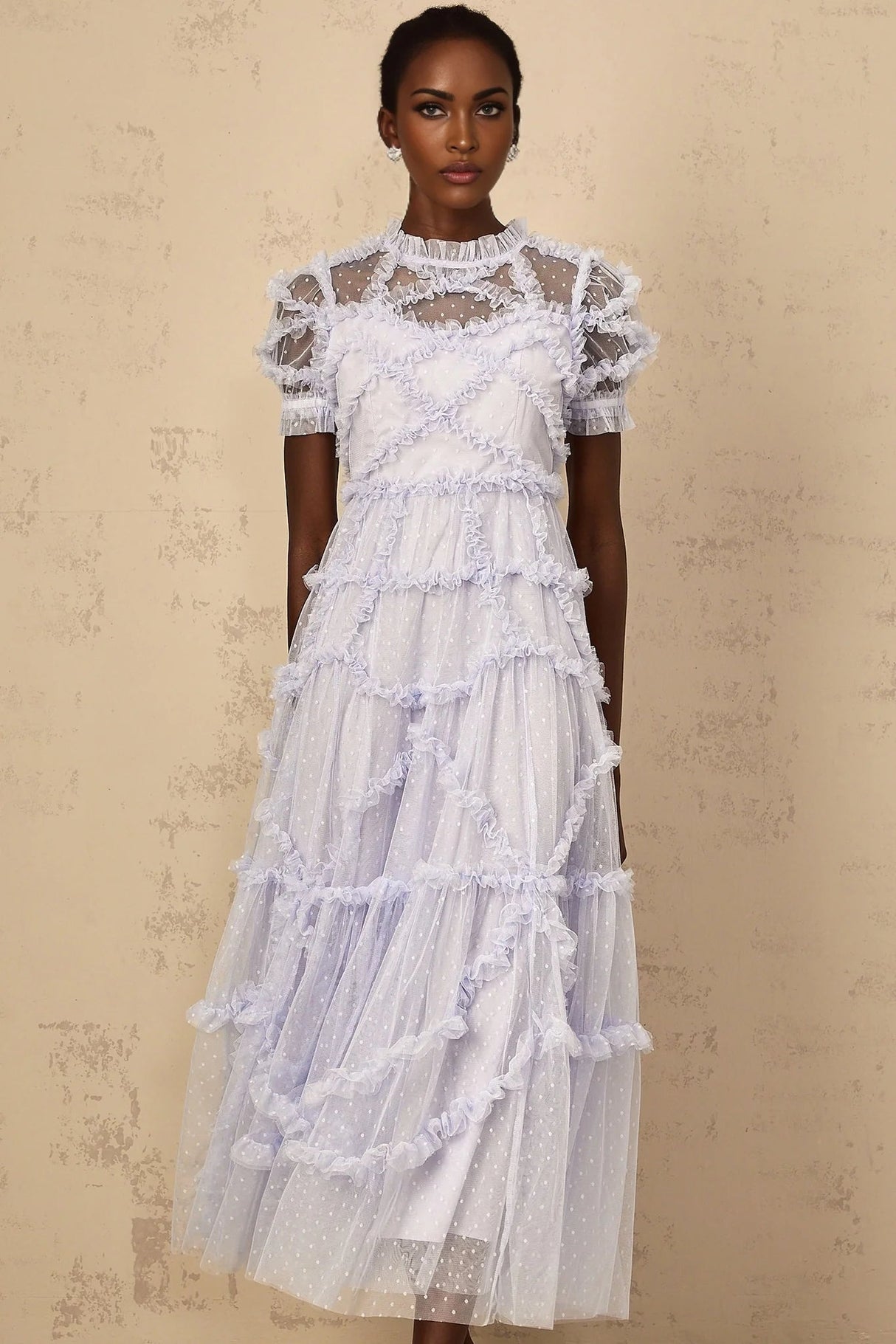 Nadia Maxi Dress Blue Polka Dot Tiered Ruffle Tulle Sheer