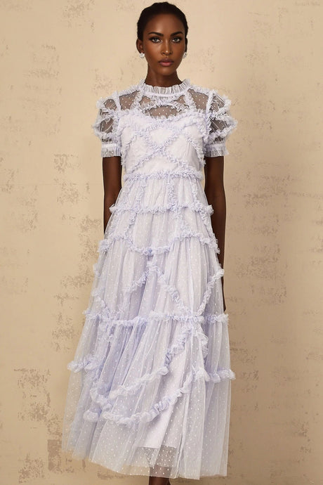 Nadia Maxi Dress Blue Polka Dot Tiered Ruffle Tulle Sheer