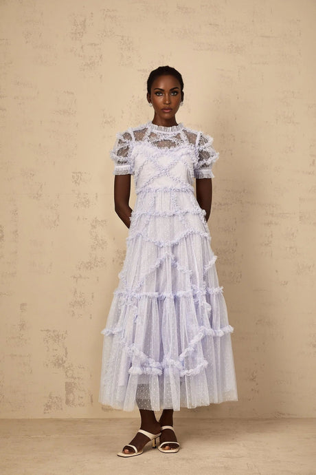 Nadia Maxi Dress Blue Polka Dot Tiered Ruffle Tulle Sheer