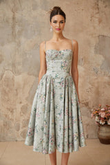 Nadia Midi Dress Green Floral Print Calf - Length & Boned Bodice