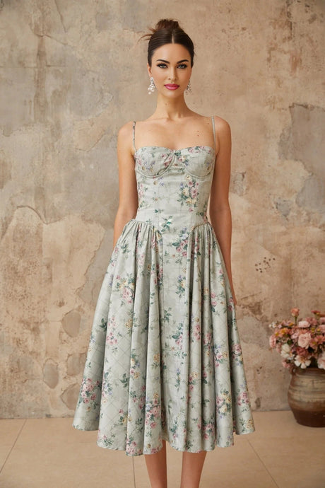 Nadia Midi Dress Green Floral Print Calf - Length & Boned Bodice