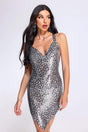 Nadia Silver Leopard Print Dress Metallic Fabric V-Neckline Striking Silhouette Adjustable Straps Edgy Hemline