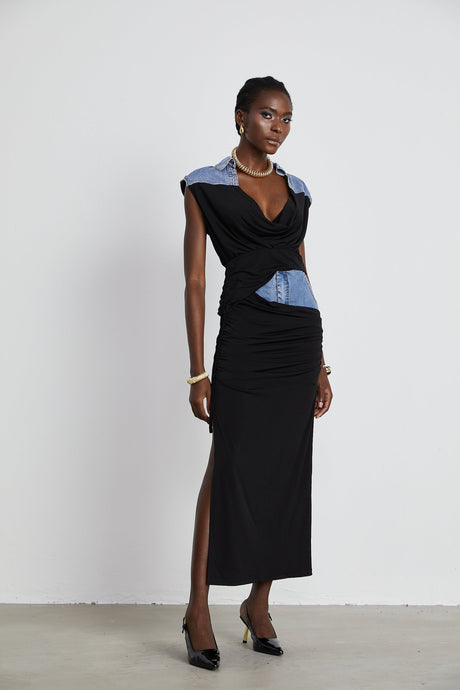 Nala jerseypanelled denim top  skirt matching set