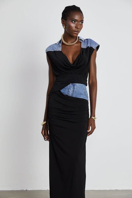 Nala jerseypanelled denim top  skirt matching set