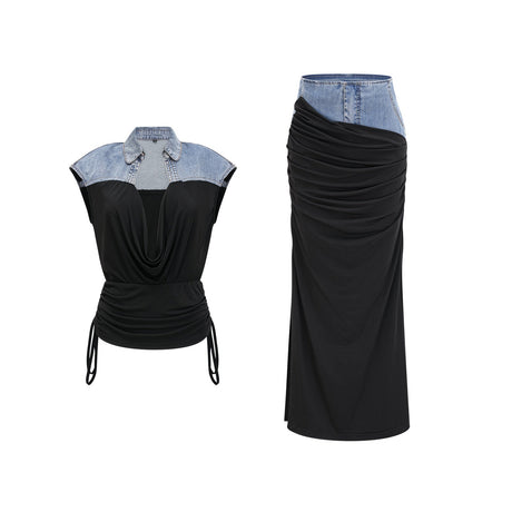 Nala jerseypanelled denim top  skirt matching set