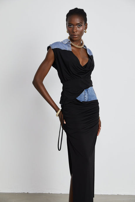 Nala jerseypanelled denim top  skirt matching set