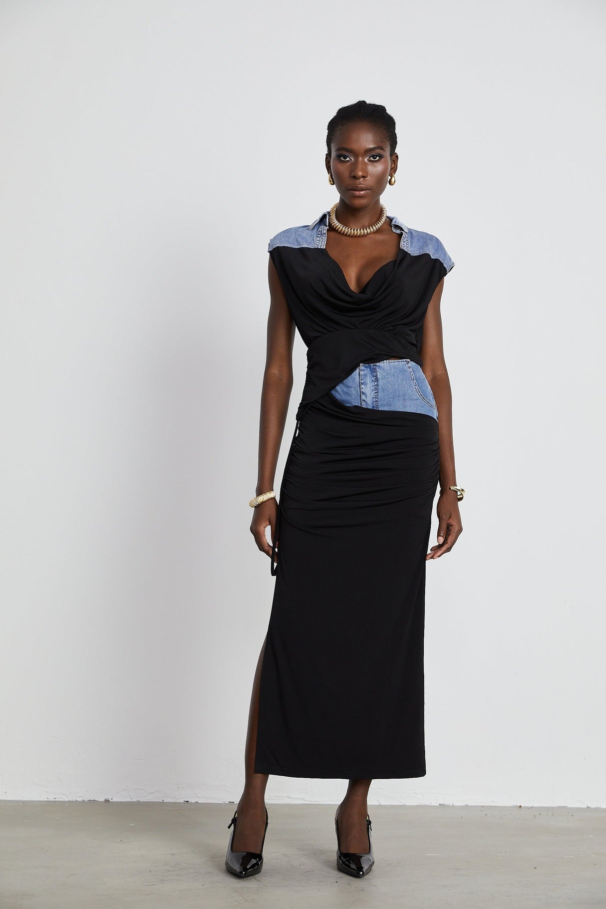 Nala jerseypanelled denim top  skirt matching set