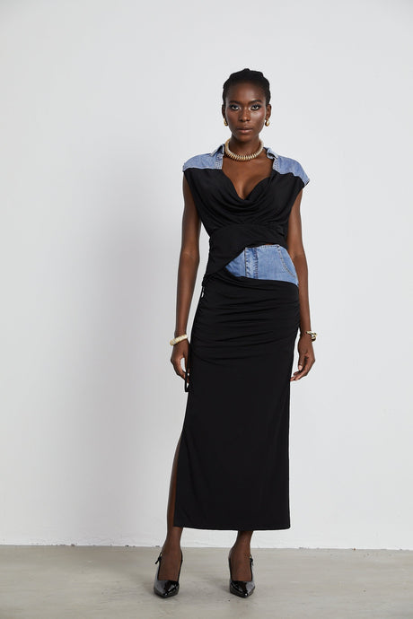 Nala jerseypanelled denim top  skirt matching set