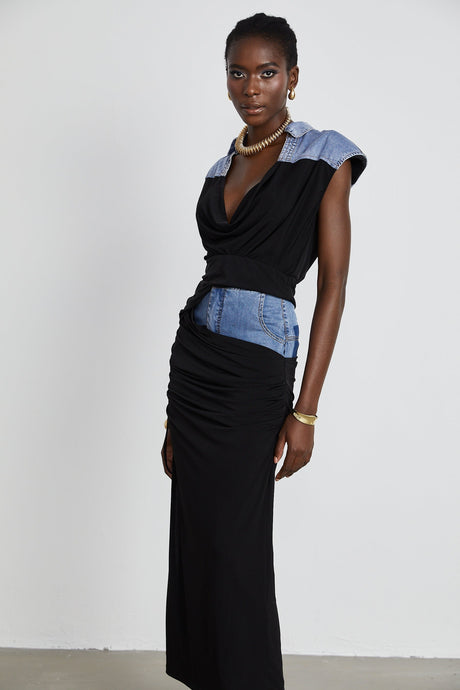 Nala jerseypanelled denim top  skirt matching set