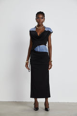 Nala jerseypanelled denim top  skirt matching set