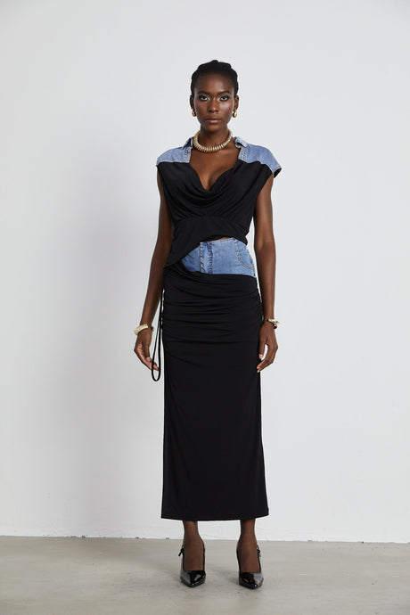 Nala jerseypanelled denim top  skirt matching set