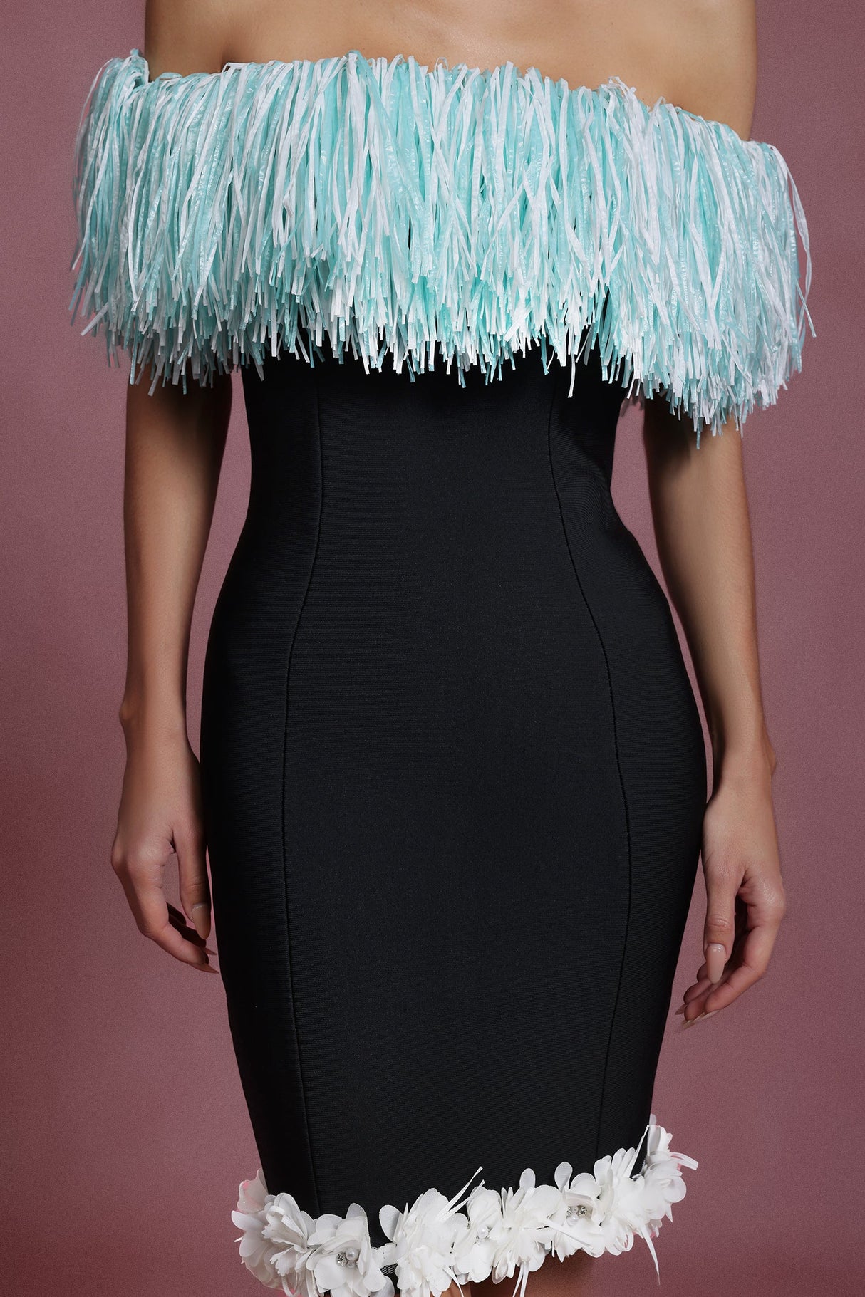 Naomi Black Off-Shoulder Tassel Detail Mini Dress with Floral Embellishments