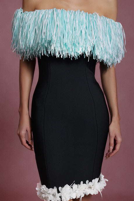 Naomi Black Off-Shoulder Tassel Detail Mini Dress with Floral Embellishments