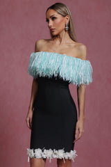 Naomi Black Off-Shoulder Tassel Detail Mini Dress with Floral Embellishments