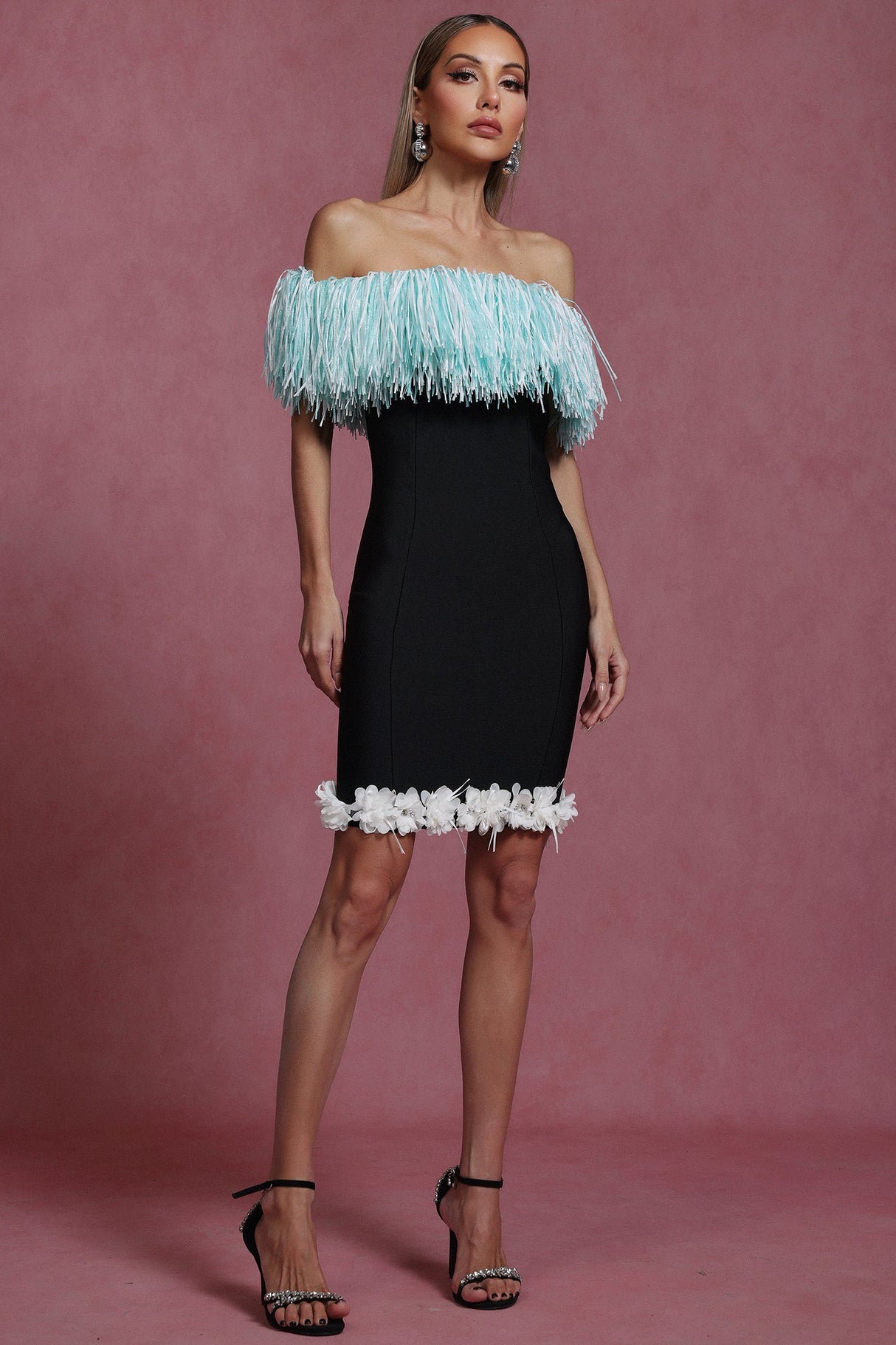 Naomi Black Off-Shoulder Tassel Detail Mini Dress with Floral Embellishments