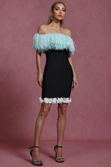 Naomi Black Off-Shoulder Tassel Detail Mini Dress with Floral Embellishments