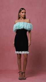 Naomi Black Off-Shoulder Tassel Detail Mini Dress with Floral Embellishments