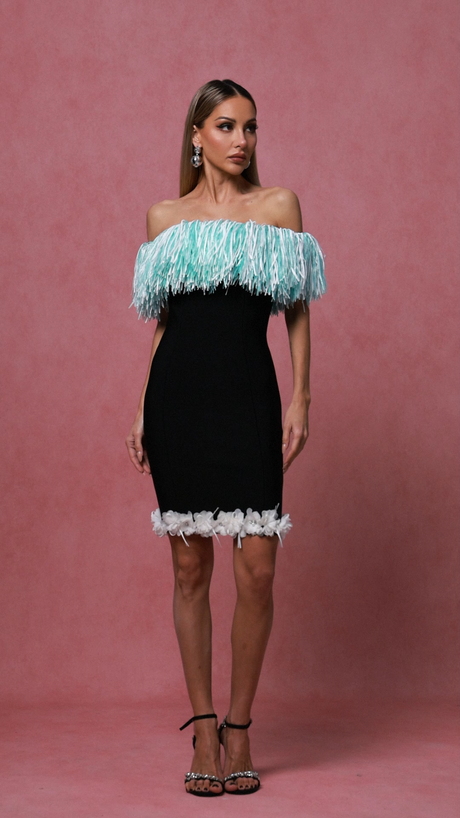 Naomi Black Off-Shoulder Tassel Detail Mini Dress with Floral Embellishments