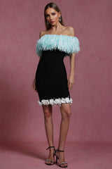 Naomi Black Off-Shoulder Tassel Detail Mini Dress with Floral Hem