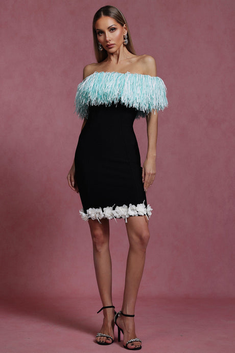 Naomi Black Off-Shoulder Tassel Detail Mini Dress with Floral Hem