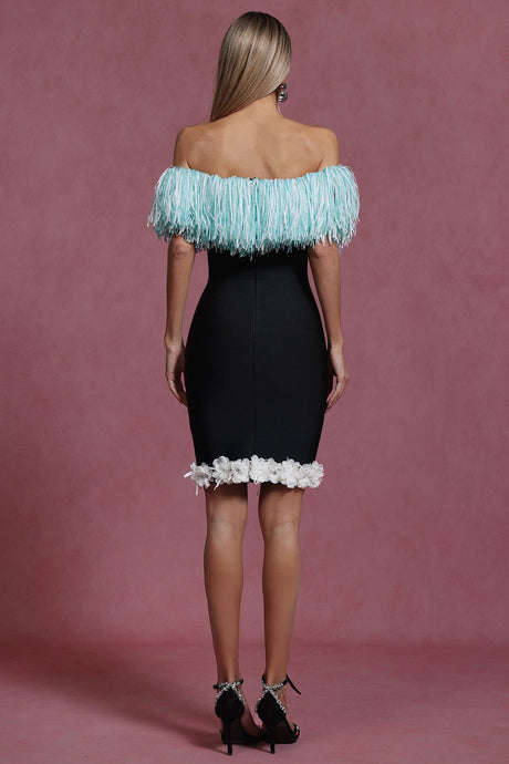 Naomi Black Off-Shoulder Tassel Detail Mini Dress with Floral Embellishments