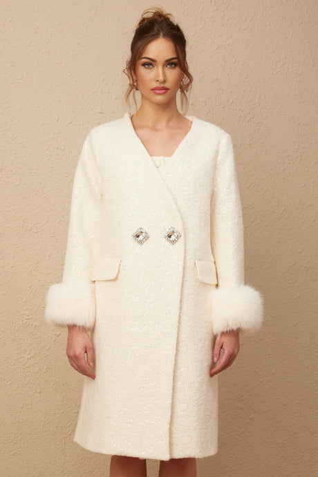 Naomi Coat White Textured Fur Crystal Button Detail