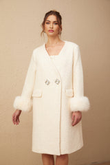 Naomi Coat White Textured Fur Crystal Button Detail