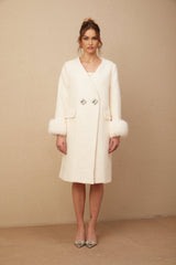 Naomi Coat White Textured Fur Crystal Button Detail