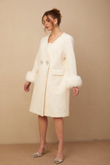 Naomi Coat White Textured Fur Crystal Button Detail