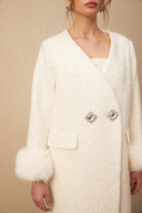 Naomi Coat White Textured Fur Crystal Button Detail