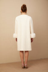 Naomi Coat White Textured Fur Crystal Button Detail