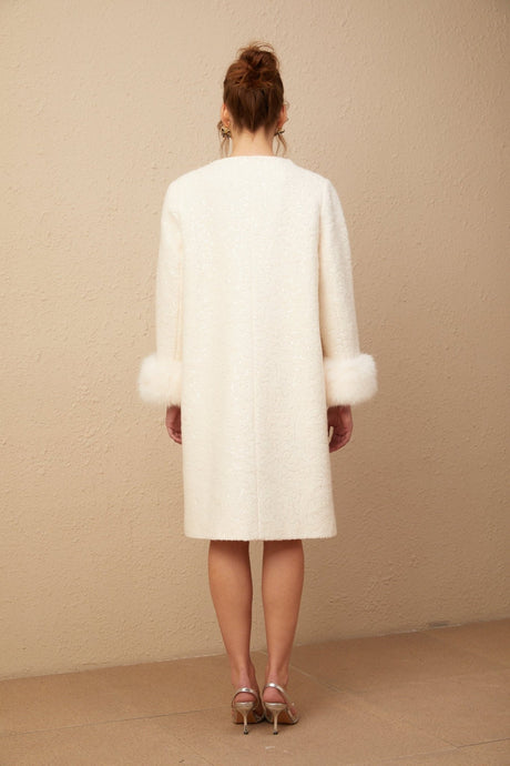 Naomi Coat White Textured Fur Crystal Button Detail