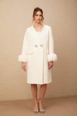 Naomi Coat White Textured Fur Crystal Button Detail