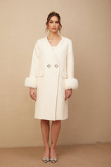 Naomi Coat White Textured Fur Crystal Button Detail