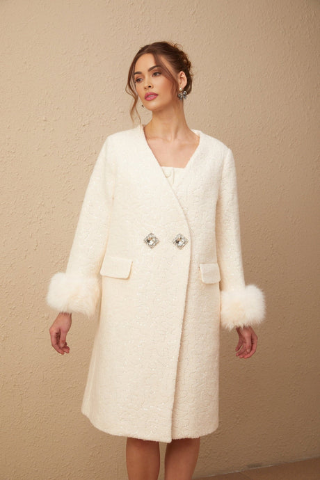 Naomi Coat White Textured Fur Crystal Button Detail