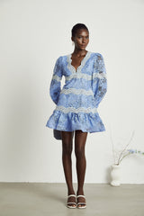 Naomi Floral Midi Dress with VNeck OpenBack & Lace Trim in Striking Blue