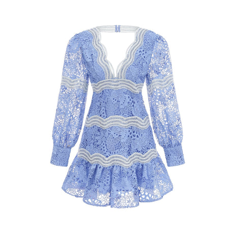Naomi Floral Midi Dress with VNeck OpenBack & Lace Trim in Striking Blue