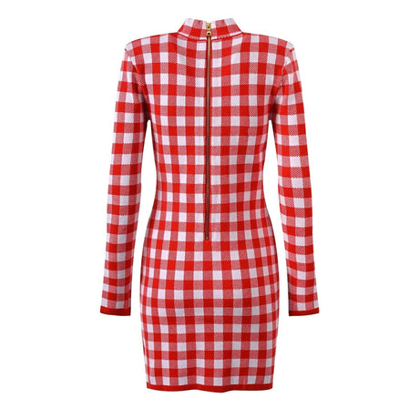 Naomi Mini Dress - Tailored Silhouette - Bold Checkered Pattern - Slim Fit - Gold - tone Buttons - Timeless Gingham Trend